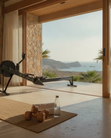 Home gym with rowing machine, dumbbells, and water bottle overlooking coastal cliffs and ocean through open glass doors