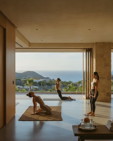 Modern yoga studio with three people exercising, floor-to-ceiling windows overlooking Mediterranean coastline and mountains
