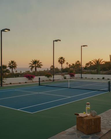 Tennis court at sunset with palm trees, desert landscape, and ocean view in background