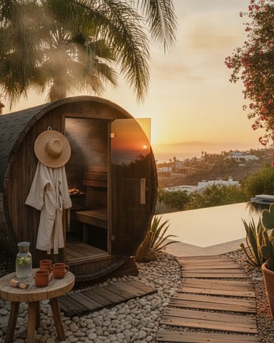 Wooden barrel sauna with open door at sunset, surrounded by cacti and flowering vines overlooking hillside valley