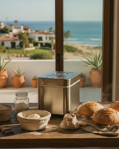 Coastal kitchen counter with fresh bread, flour, and baking supplies overlooking beach and Mediterranean homes
