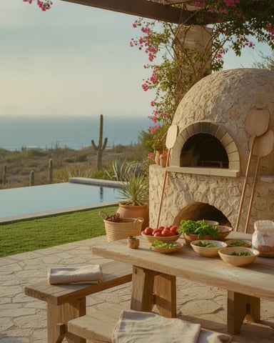 Stone pizza oven on patio with ocean view, magenta bougainvillea, infinity pool, and desert landscape with cacti