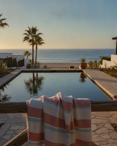 Striped towel draped over pool edge with ocean and palm trees beyond at sunset