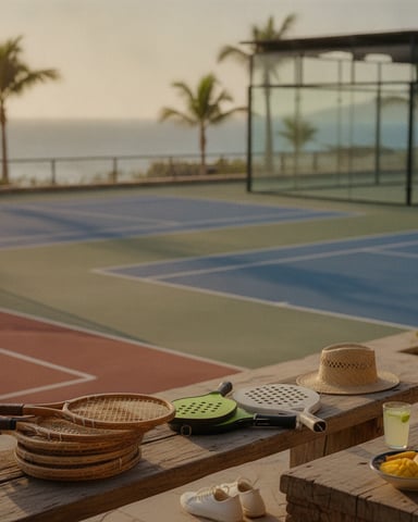 Tennis court with palm trees and ocean view, wooden table with rackets, paddles, hat, and refreshments in foreground