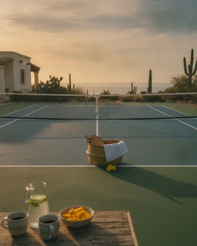 Tennis court with ocean view, white villa, desert plants, and refreshments in foreground