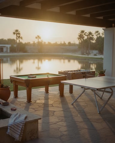 Covered patio with pool table, foosball table, and ping pong table overlooking a lake with palm trees at sunset