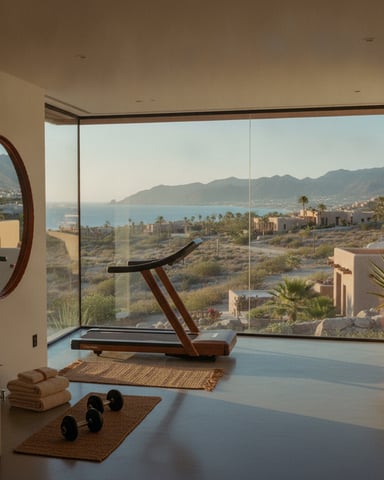 Modern home gym with treadmill, dumbbells, and floor-to-ceiling windows overlooking coastal mountains and bay.