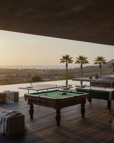 Covered terrace with pool table and ping pong tables overlooking desert landscape with palm trees at sunset