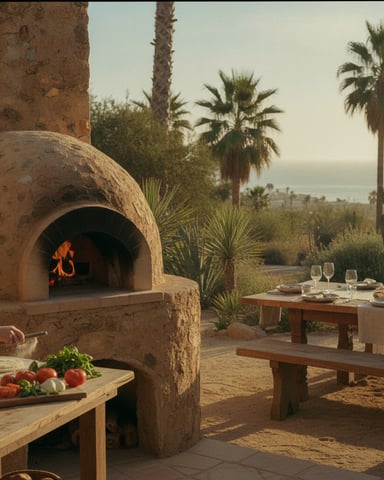 Outdoor terrace with wood-fired oven, dining tables, palm trees, and ocean view in background