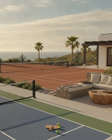 Cliffside villa with tennis court, pickleball court, lounge seating, and ocean view with palm trees