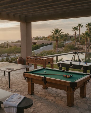 Covered patio with pool table, foosball, ping pong, and air hockey overlooking desert landscape with palm trees and water feature.
