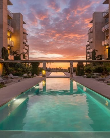 Rectangular pool at sunset between two brick apartment buildings with lounge chairs and water view