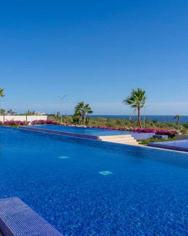 Large resort swimming pool with blue water, palm trees, pink flowering plants, and sea view beyond